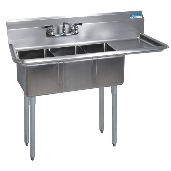 Bk Resources 19.8125 in W x 47.5 in L x Free Standing, Stainless Steel, Three Compartment Sink BKS-3-1014-10-15RS